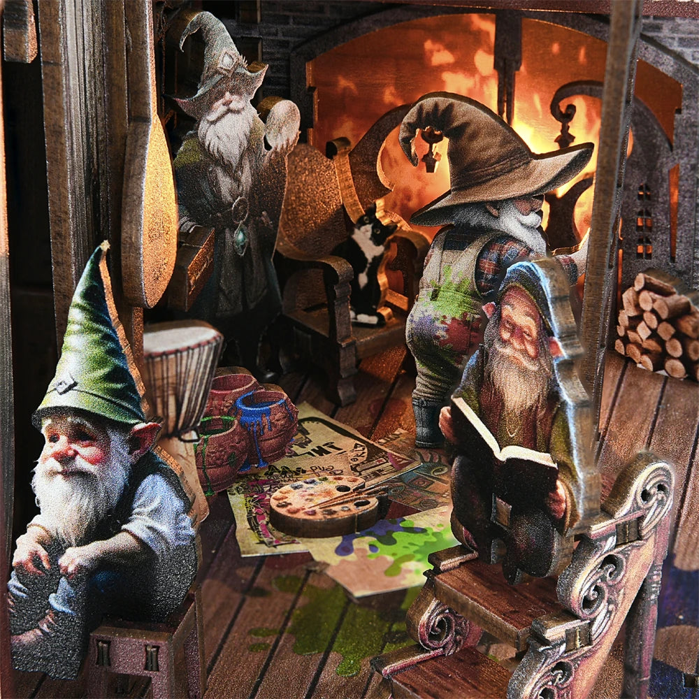 A whimsical scene featuring a wizard and a gnome reading books in a rustic wooden bookstore nook with warm lighting.