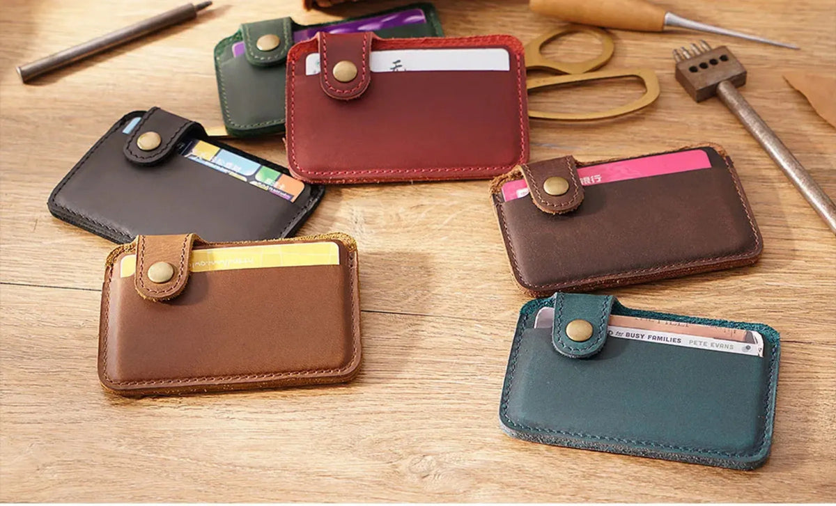 Vintage Leather Slim Card Holder with Snap Closure