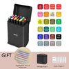 A black storage box containing 24 alcohol markers in various colors and a color chart.