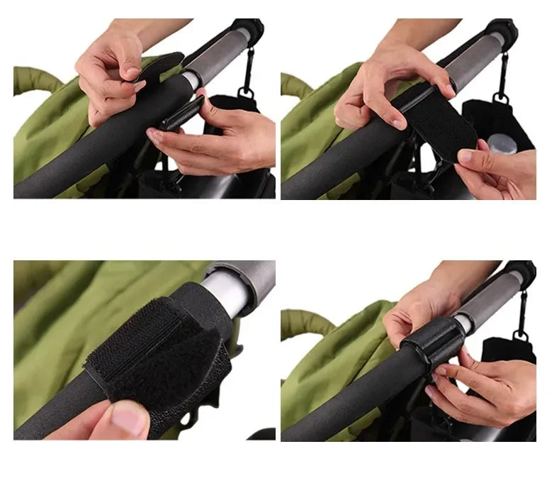 Hands demonstrate the use of rotatable PU leather stroller hooks for organizing bags on strollers and prams.