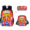 A set of animal hospital themed backpacks and a crossbody bag for kids featuring cartoon animals.