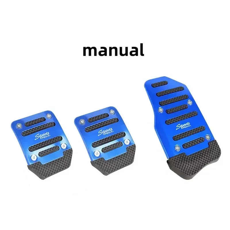 A set of blue non-slip aluminum pedal covers for a manual transmission car.