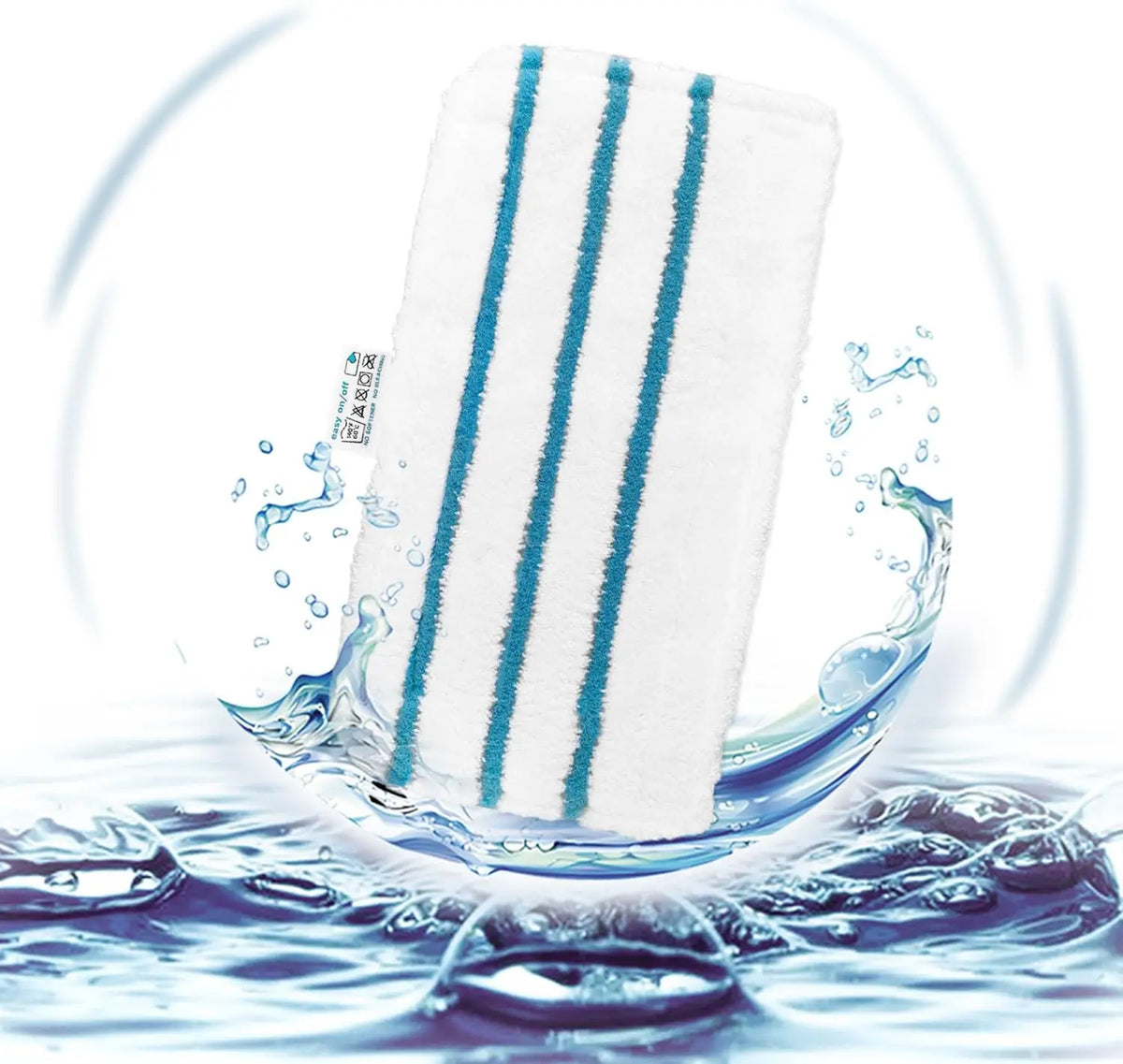 White microfiber pads with blue stripes being used in water for cleaning.