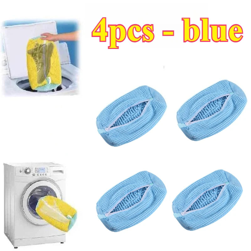 Four blue reusable shoe washing bags shown with a yellow bag in a washing machine context.