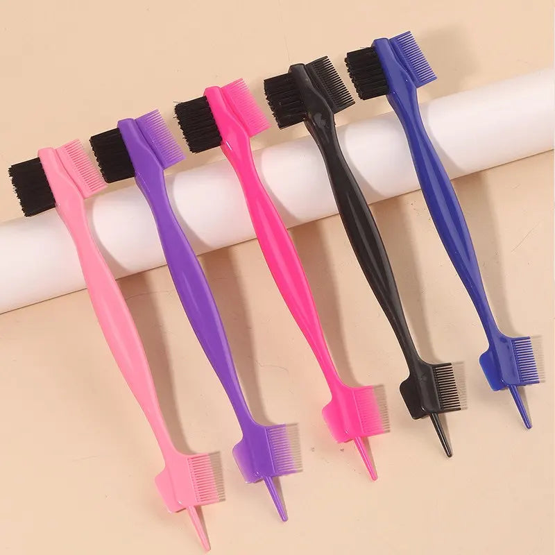 A collection of various colored edge control brushes for hairlines and wigs displayed on a light background.