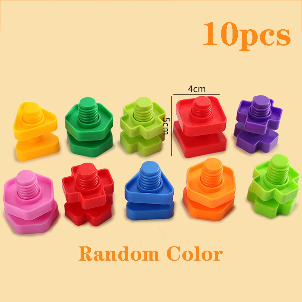 Ten random colored screw and nut building blocks for kids, showing various colors and sizes.