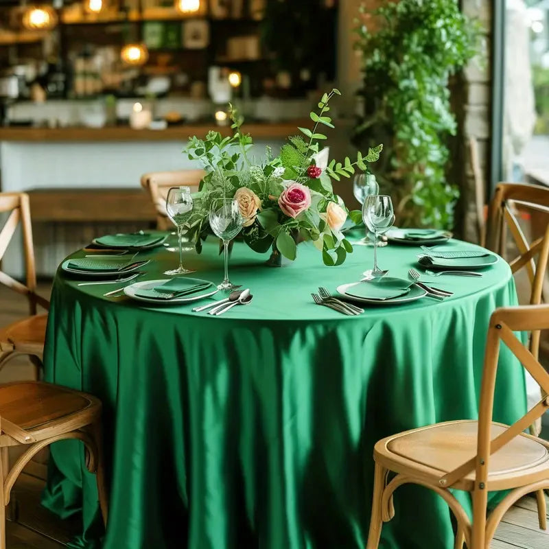 A round table set with a green satin tablecloth, place settings, and floral decorations in a bright indoor setting.