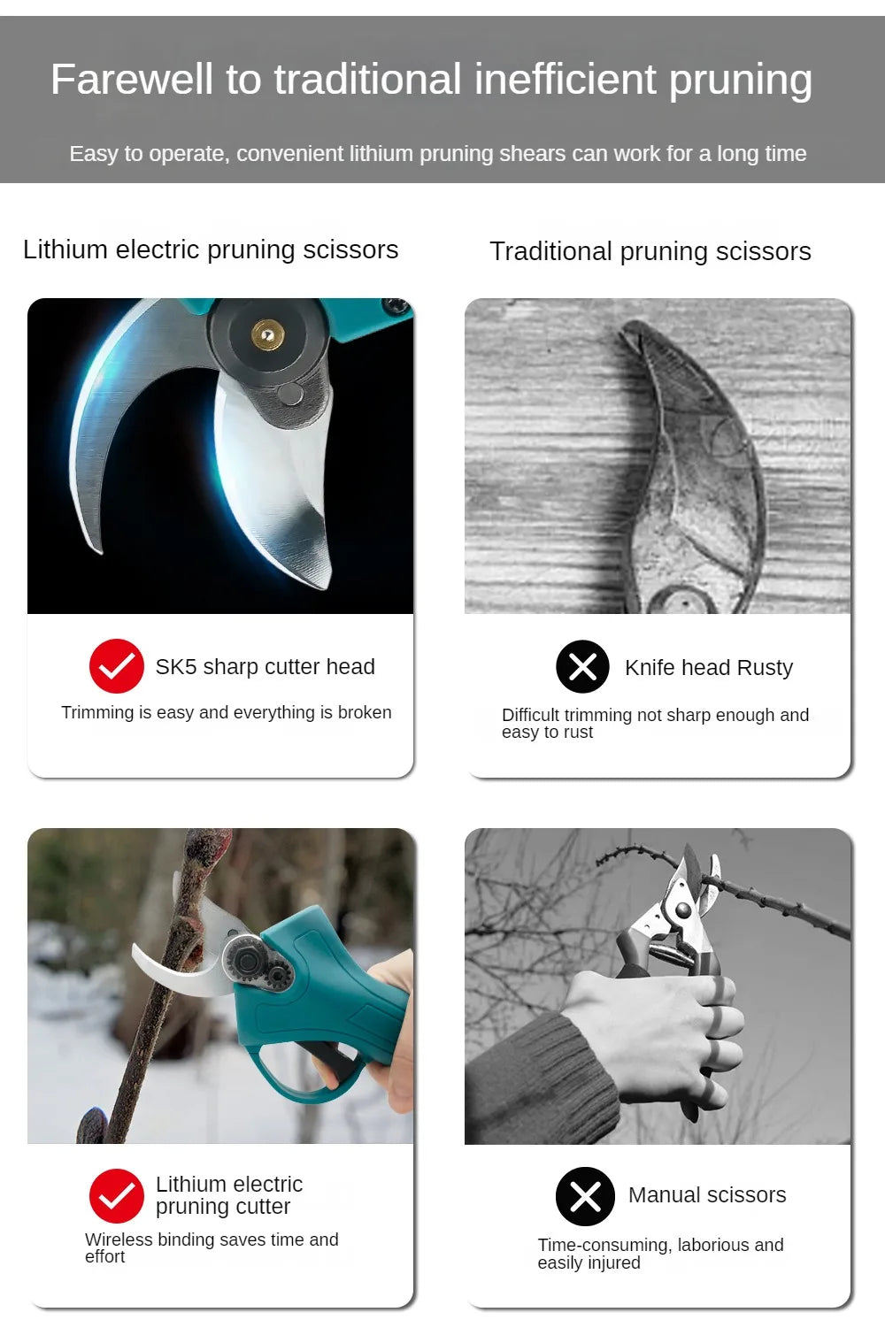 Comparison of lithium electric pruning shears and traditional pruning scissors.