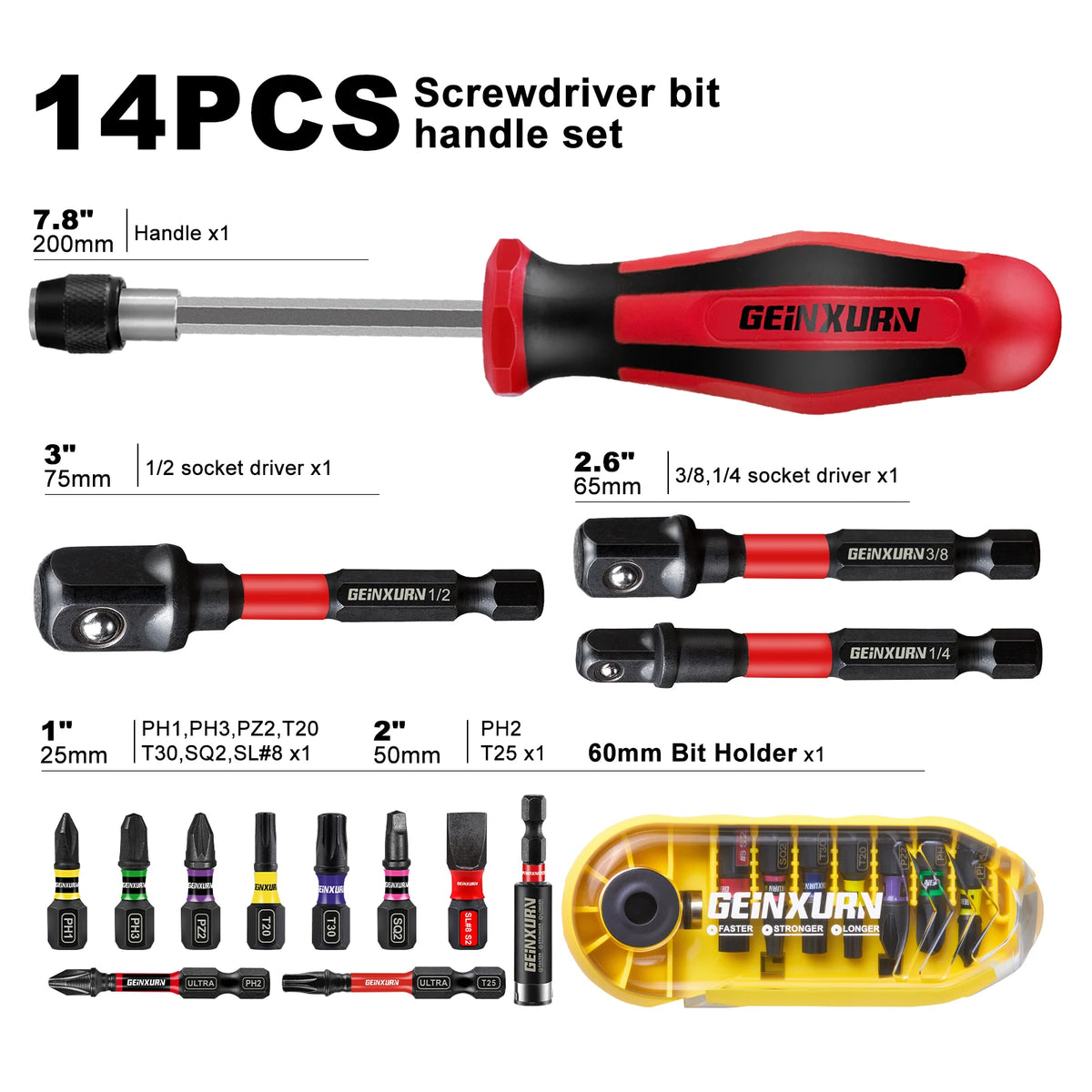 A set of 14 pieces of screwdriver bits and drivers including various sizes and a 60mm bit holder.