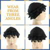 Black vintage twist head wrap with black tassels shown from three different angles on a mannequin.