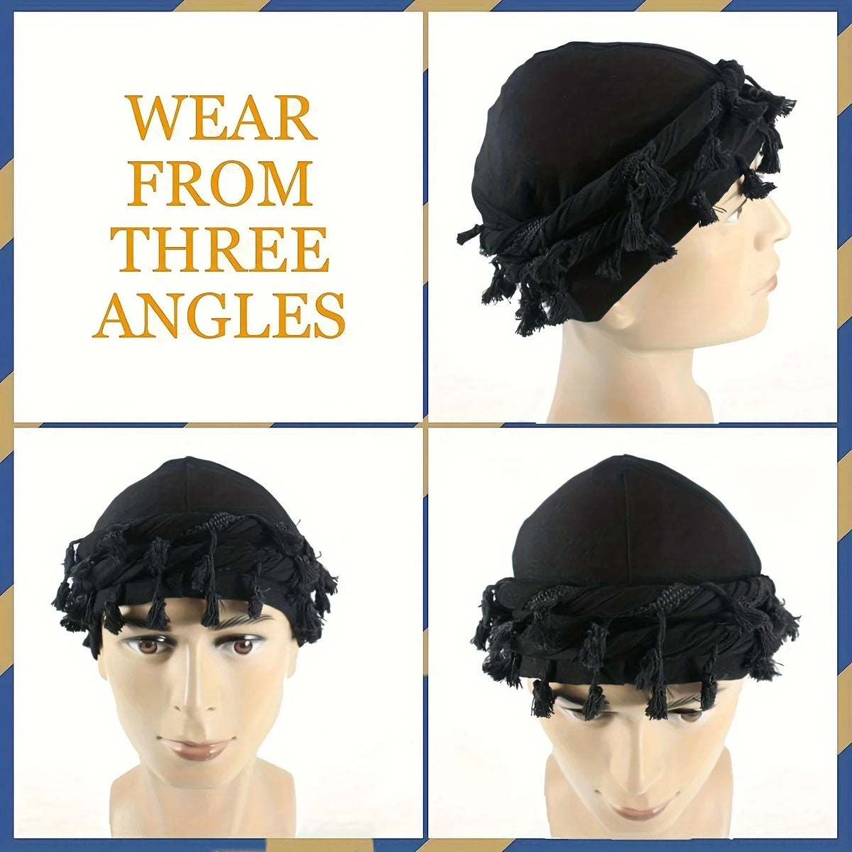 Black vintage twist head wrap with black tassels shown from three different angles on a mannequin.