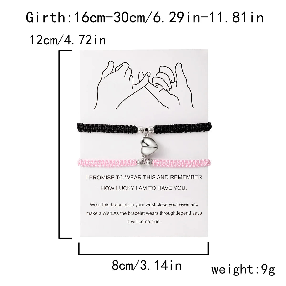 A pair of black and pink magnetic heart couple bracelets with a promise message.