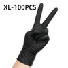 A hand wearing a black disposable nitrile glove making a peace sign gesture.