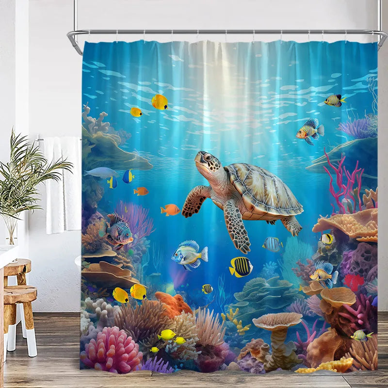 Ocean life shower curtain featuring colorful fish and sea turtles for bathroom decor