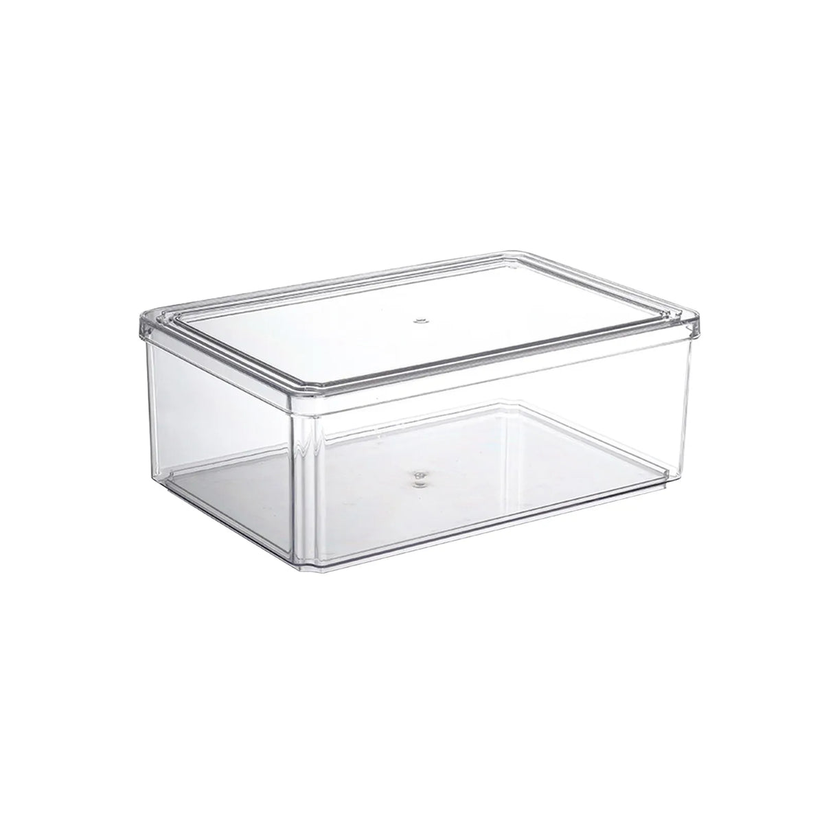 A clear, rectangular food storage container with a lid, designed to be stackable.