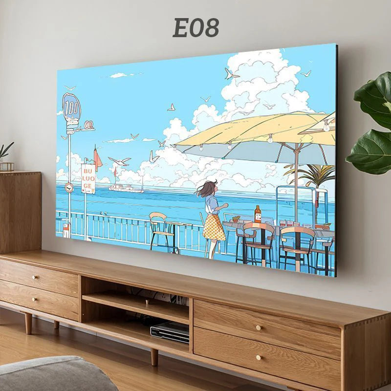 A painting depicting a seaside cafe scene with people and boats under a large umbrella.