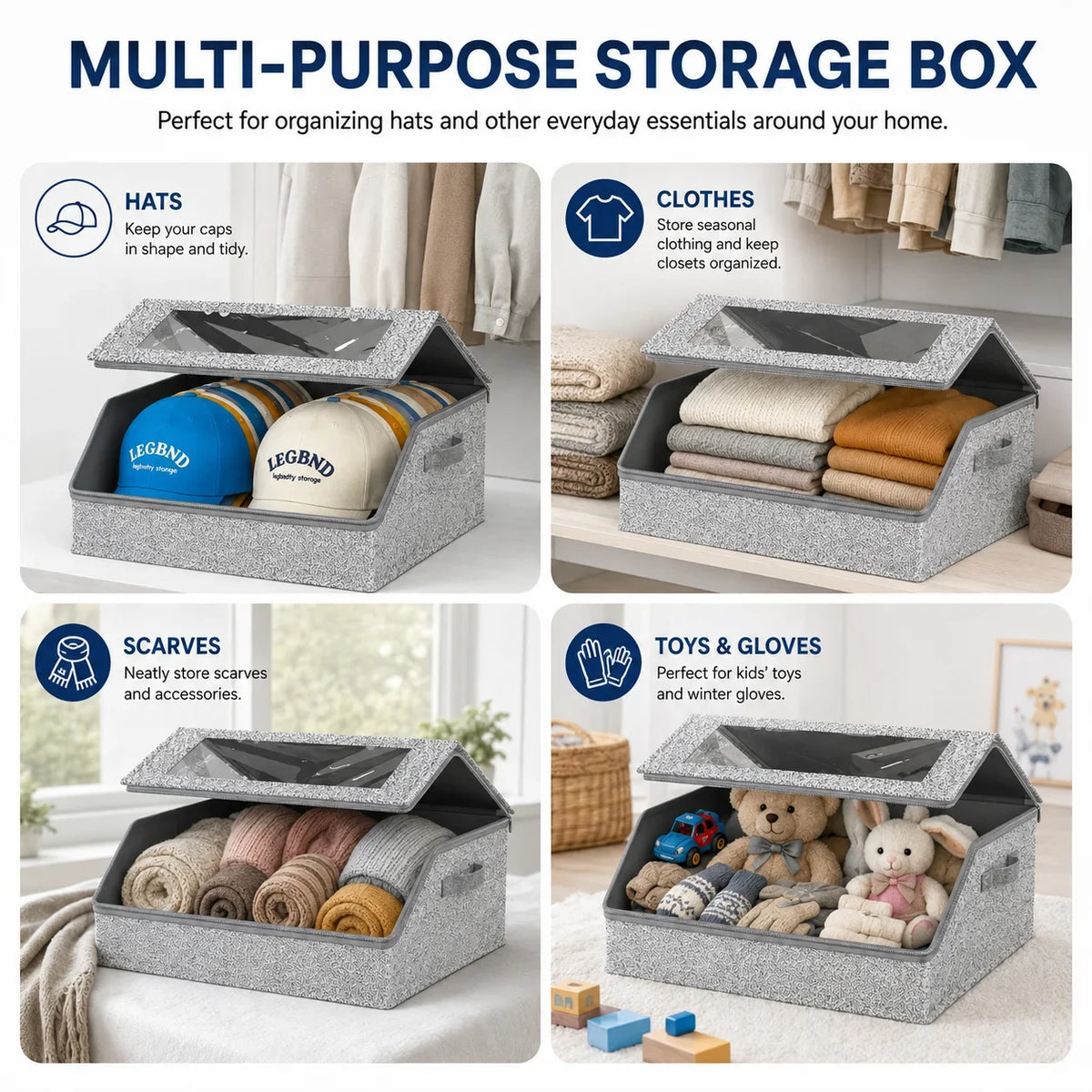 A multi-purpose storage box for hats and everyday essentials, shown with various items like caps, scarves, and clothing organ