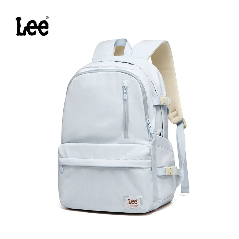 A light blue Lee ultralight water-resistant laptop backpack with beige straps and pockets.