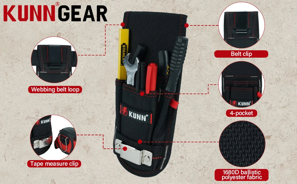 Black KunnGear tool pouch featuring a webbing belt loop, belt clip, 4-pocket design, and 1680D ballistic polyester fabric.