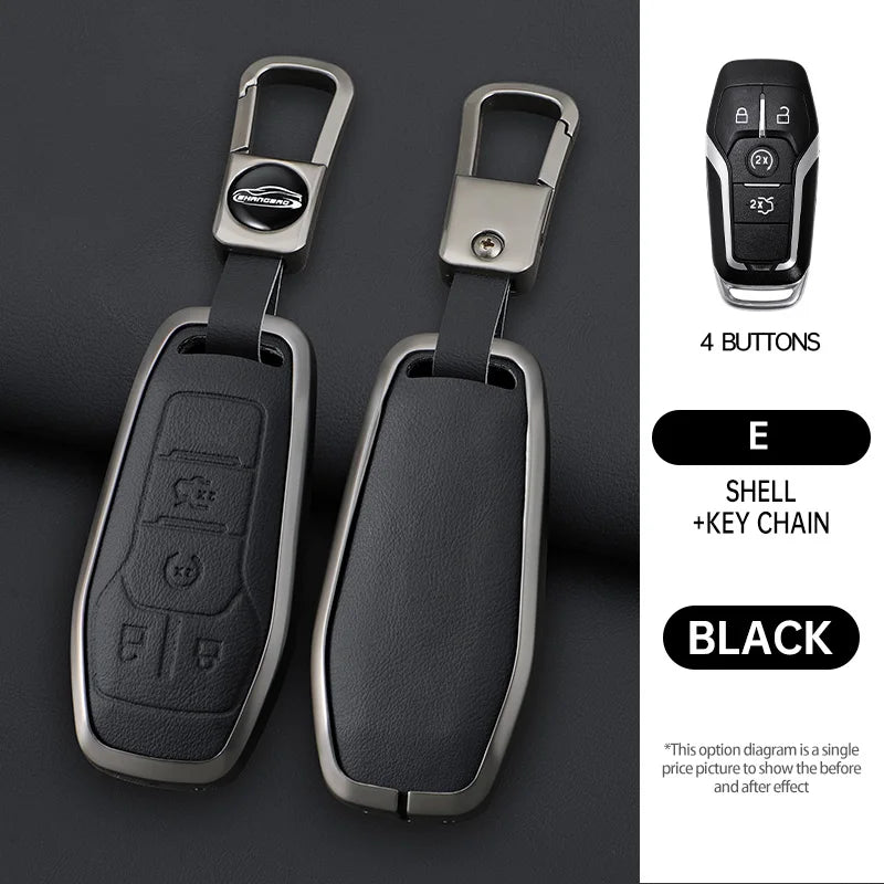A black key case with a silver chain and four buttons is shown against a dark background.