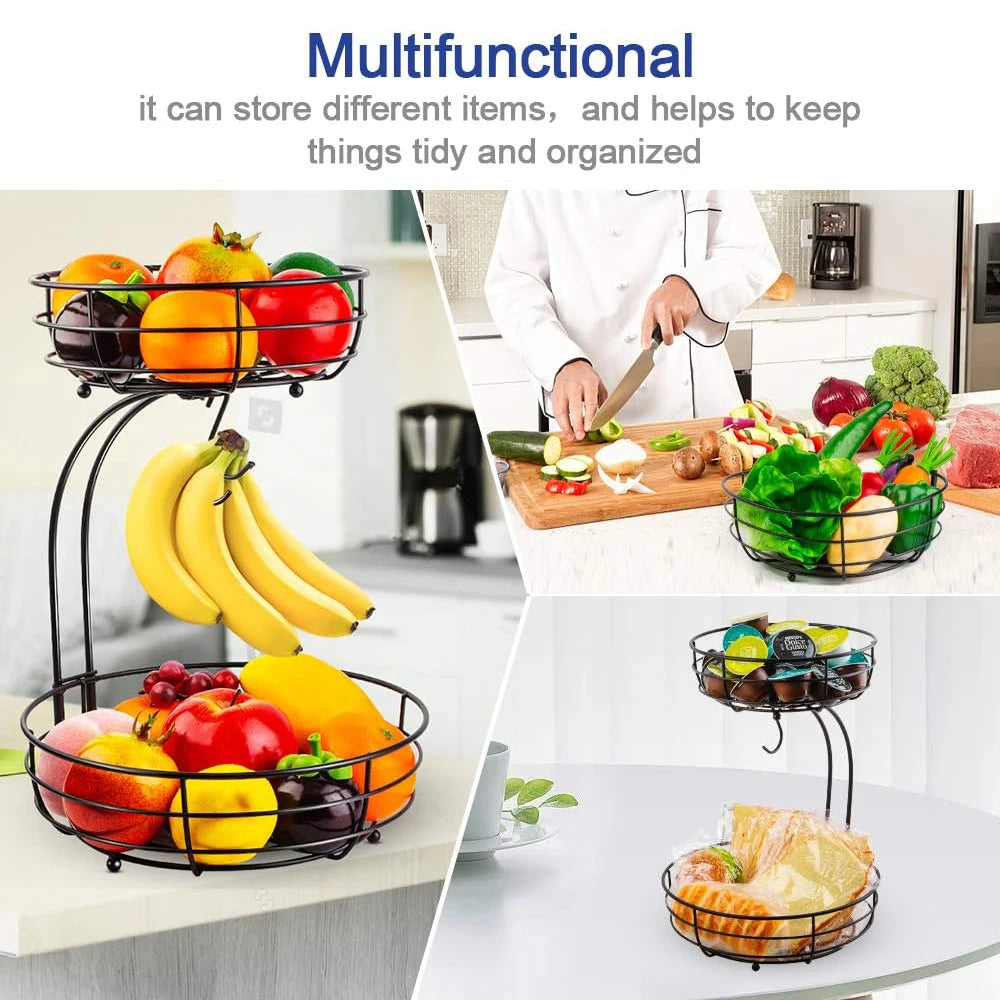 2-Tier Countertop Fruit Basket with Banana Hanger