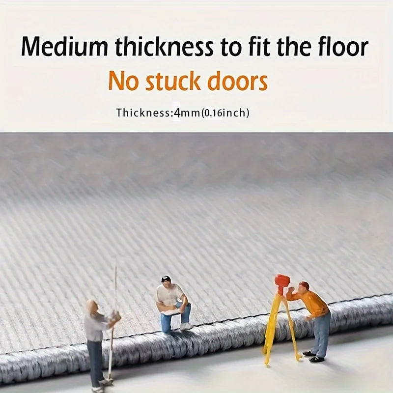 A person is shown stepping onto a minimalist doormat with a stick, demonstrating the medium thickness of the mat.