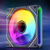 Nahaufnahme eines rechteckigen PC-Kühlers mit beleuchtetem RGB-Ring und Seitenakzenten.