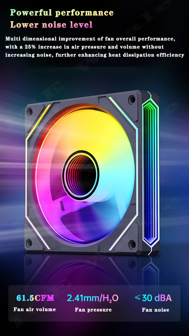 Nahaufnahme eines rechteckigen PC-Kühlers mit beleuchtetem RGB-Ring und Seitenakzenten.