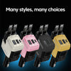Four different colored car chargers with USB and USB-C ports displayed against a dark background.