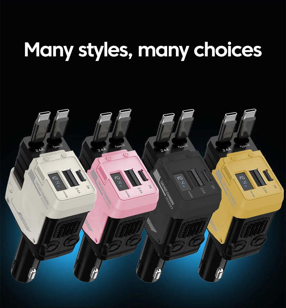 Four different colored car chargers with USB and USB-C ports displayed against a dark background.