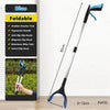 A blue foldable grabber reacher tool with a long silver handle and black grip is shown against a white background.