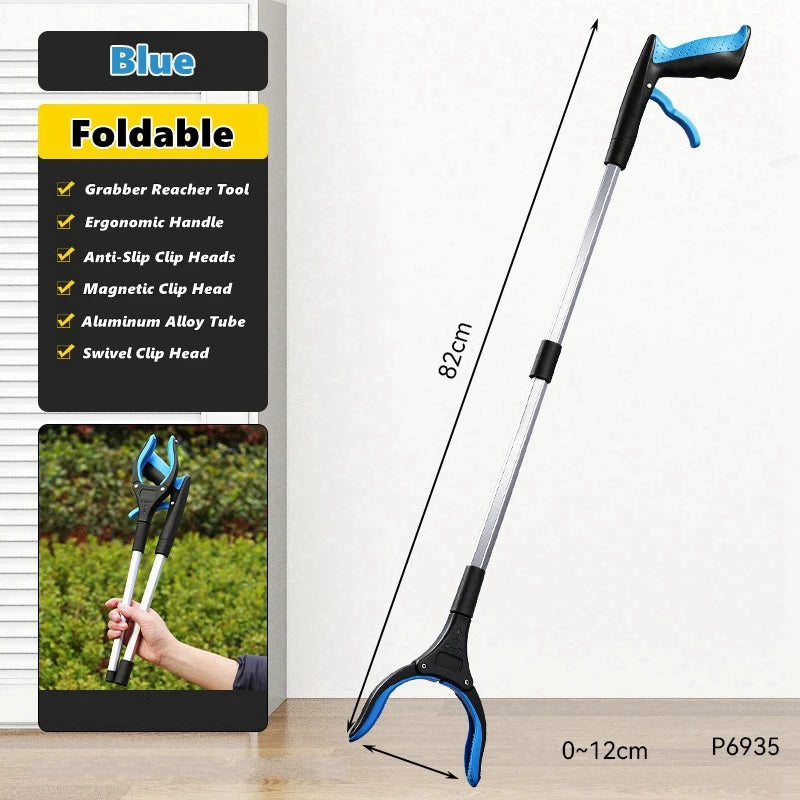 A blue foldable grabber reacher tool with a long silver handle and black grip is shown against a white background.