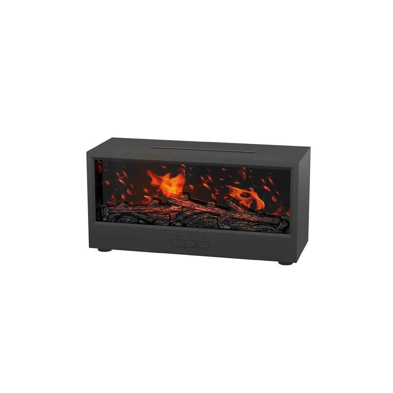 A black fireplace ultrasonic aroma diffuser with an illuminated fire effect and control panel.