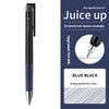 Ein schwarzer und blauer Pilot Juice Up Gelstift neben Spezifikationen und Tintenoptionen