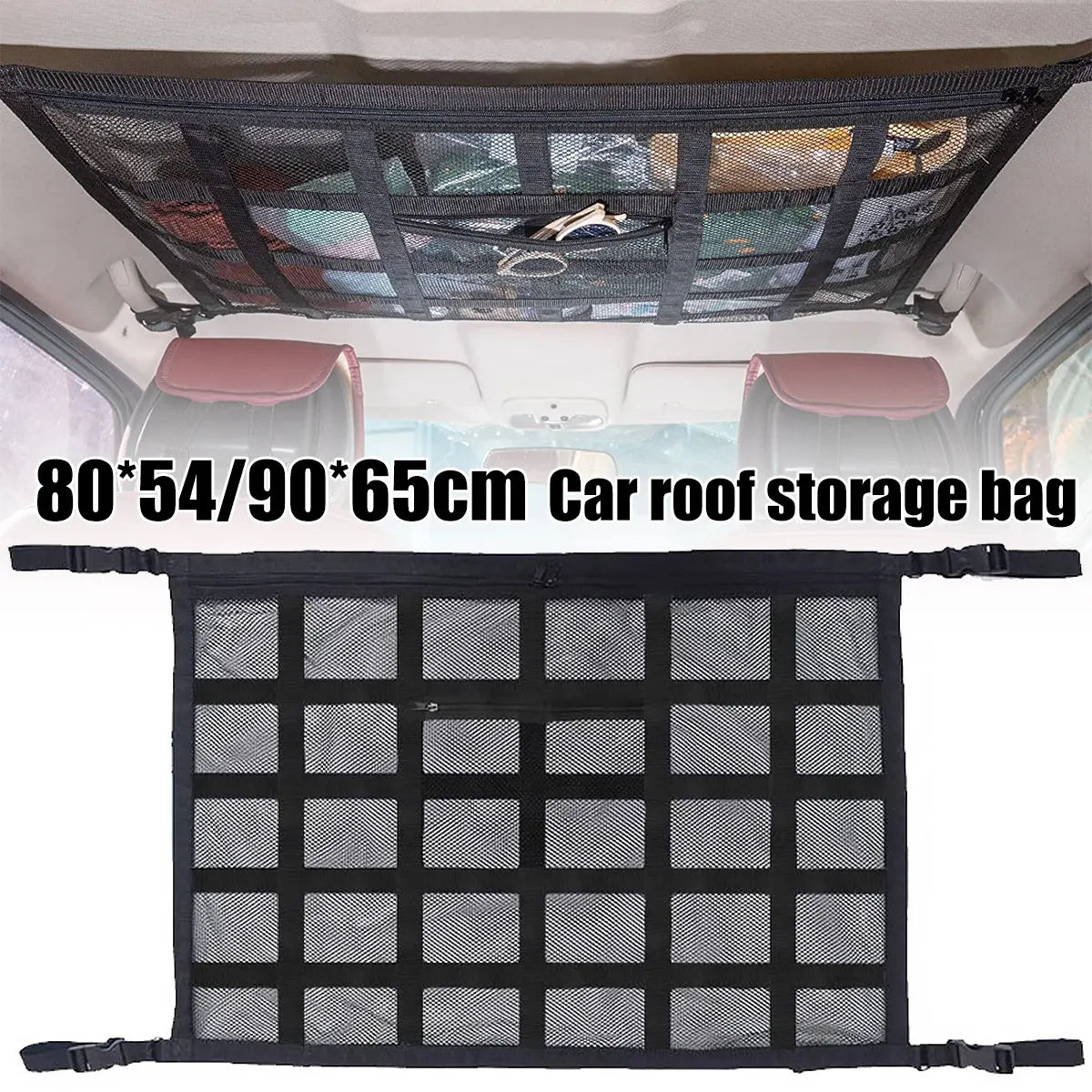 Black mesh car roof storage bag with multiple compartments for overhead cargo organization