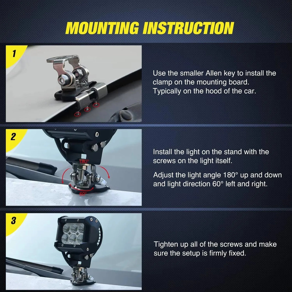 Mounting instructions showing how to install a stainless steel LED work light clamp on a mounting board.