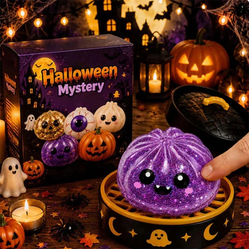 Un juguete antiestrés de empanada de Halloween morado y suave rodeado de decoraciones y calabazas.