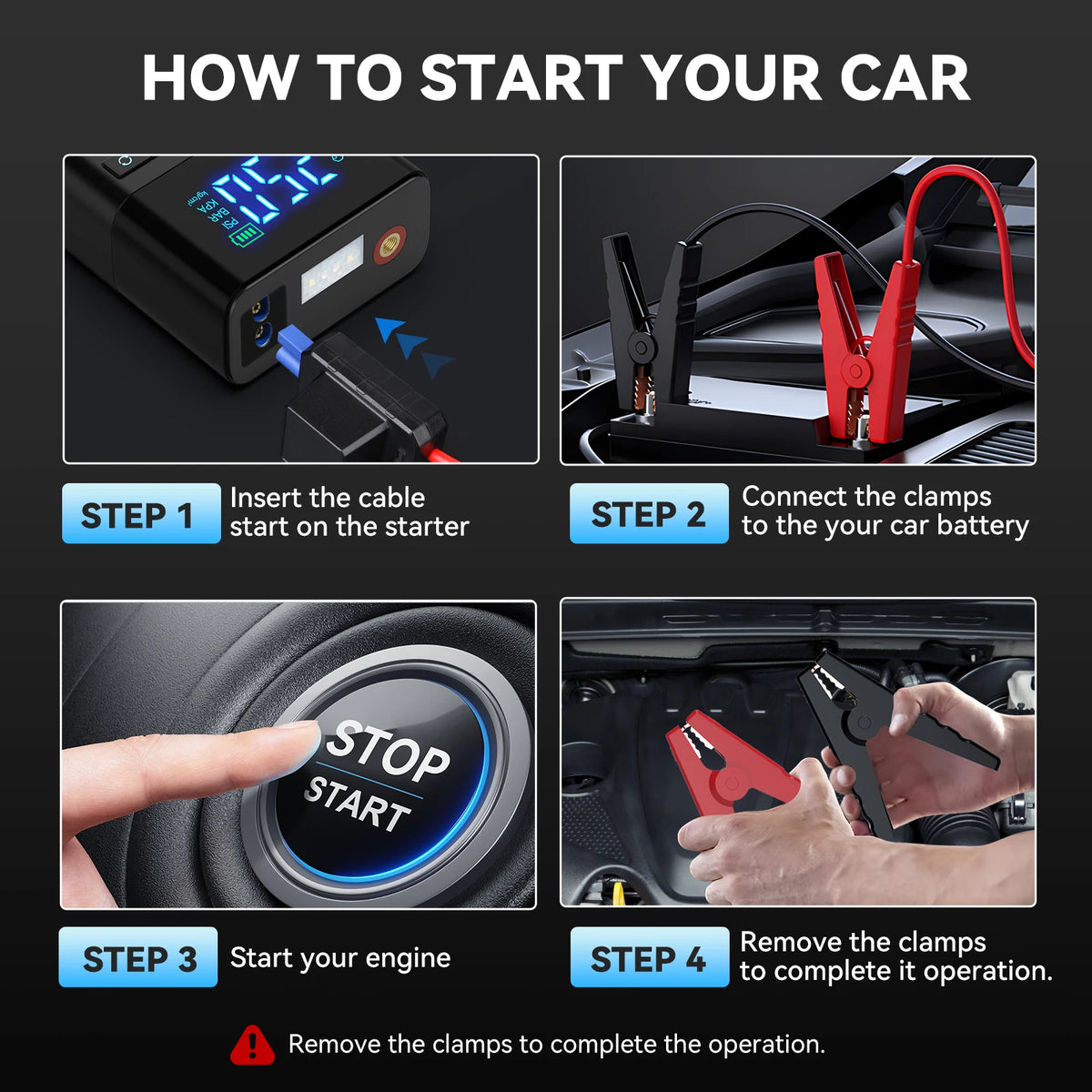 Instructions showing how to start a car using a portable jump starter device with steps for inserting cables and connecting c