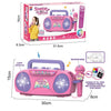 Pink singing karaoke machine with light effects and microphone displayed next to its dimensions.