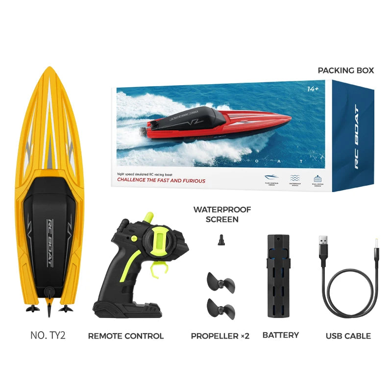 A yellow and black RC boat with a red hull is shown alongside its accessories including a remote control, propellers, battery