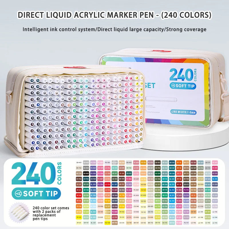 A set of 240 color liquid acrylic marker pens in a soft pink case with replacement tips.