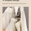 A white V-shaped hanging closet organizer with 12 hooks is shown on a hanger.
