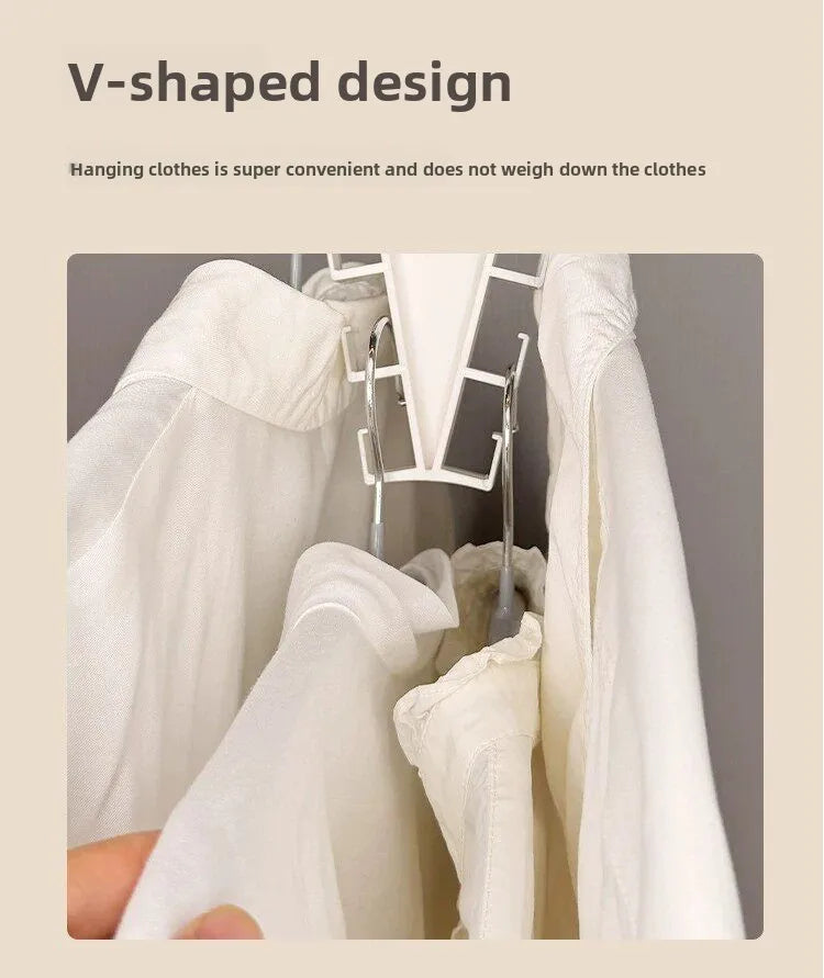 A white V-shaped hanging closet organizer with 12 hooks is shown on a hanger.