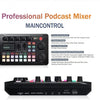 A black professional podcast mixer with various controls and an attached USB condenser microphone.