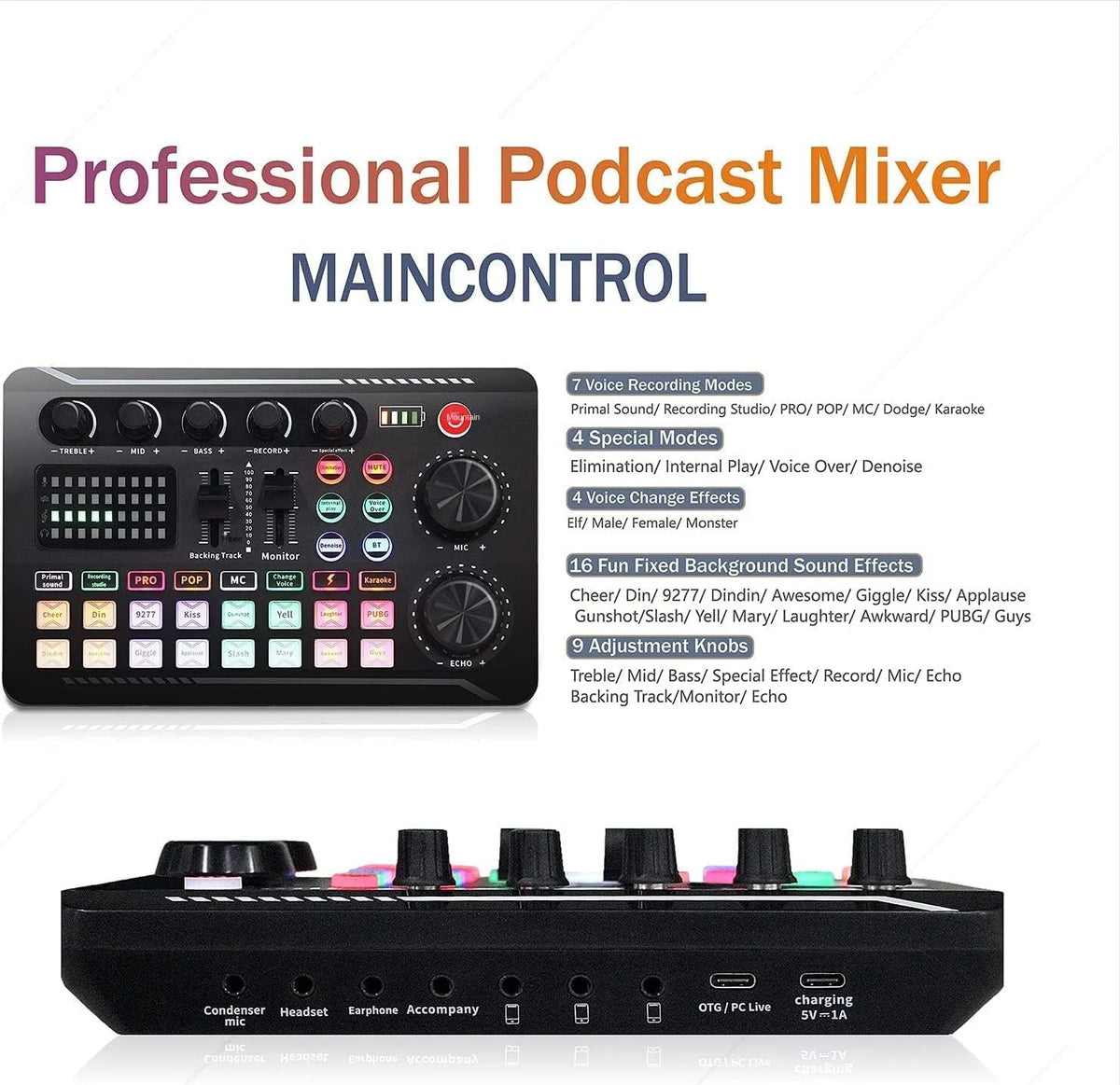A black professional podcast mixer with various controls and an attached USB condenser microphone.