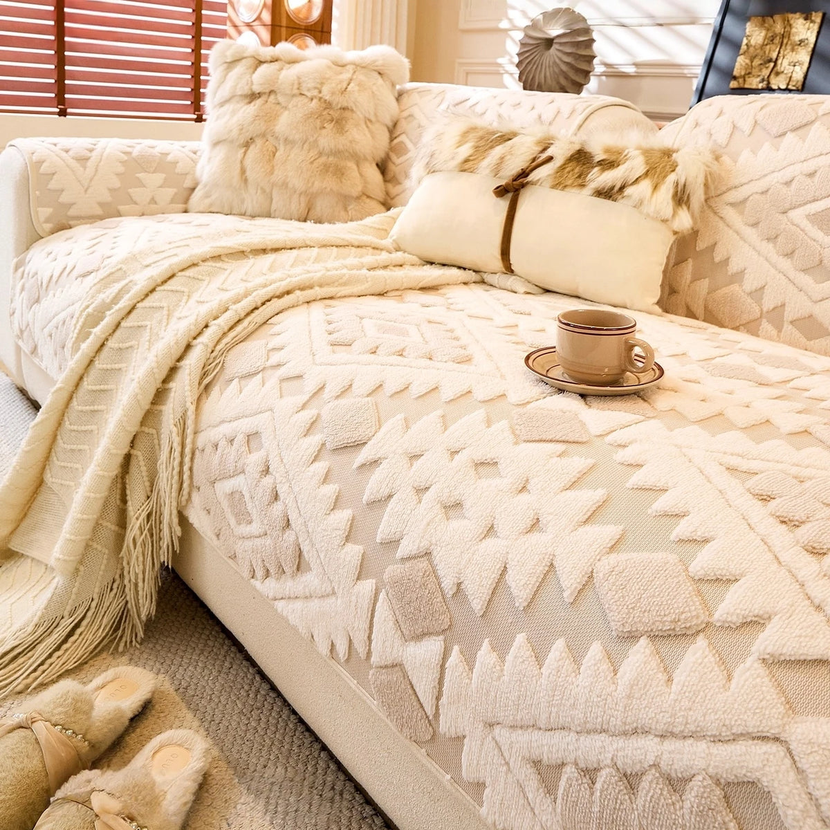 Cubierta de sofá de polar jacquard boho beige claro con cojines de piel sintética crema y canela, y una manta de punto.