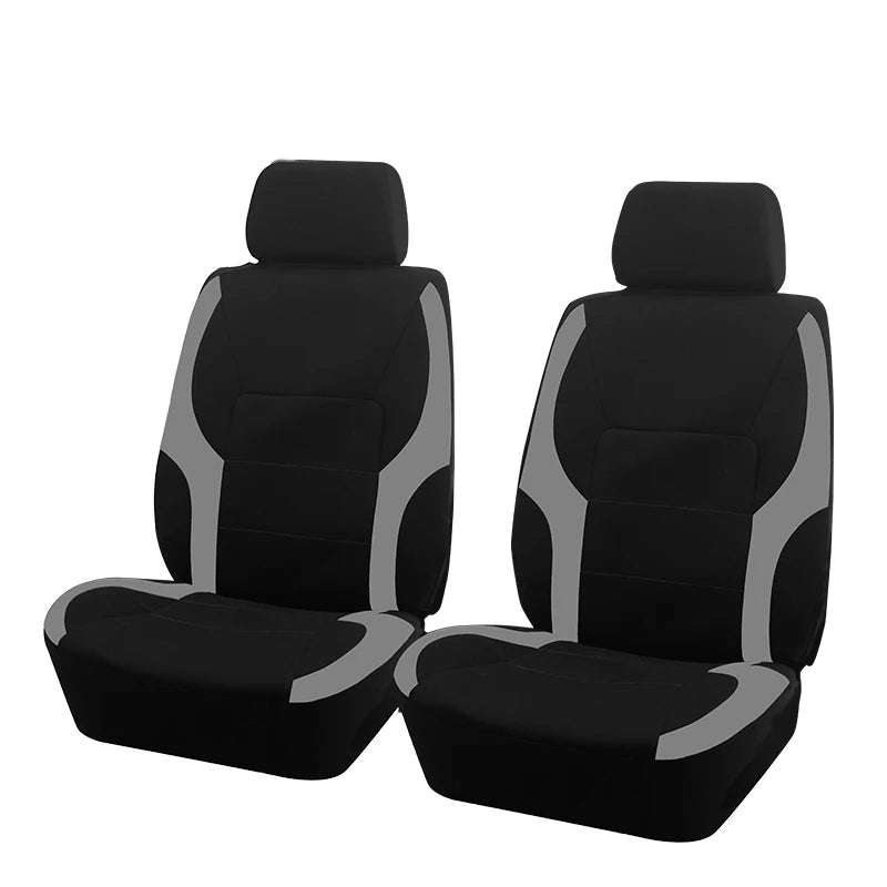 A pair of black and gray two-tone car seat covers shown side by side.