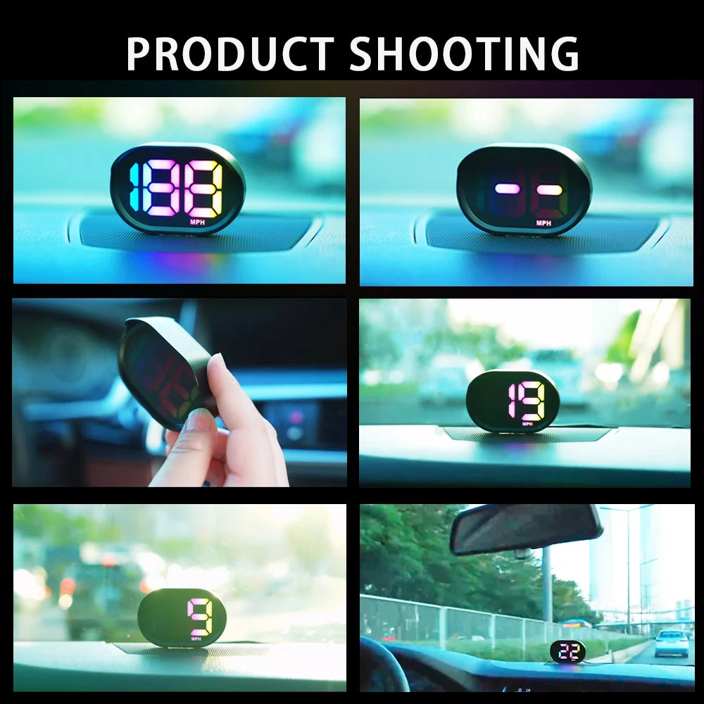 Multiple shots of a digital GPS speedometer heads-up display mounted in a car dashboard.