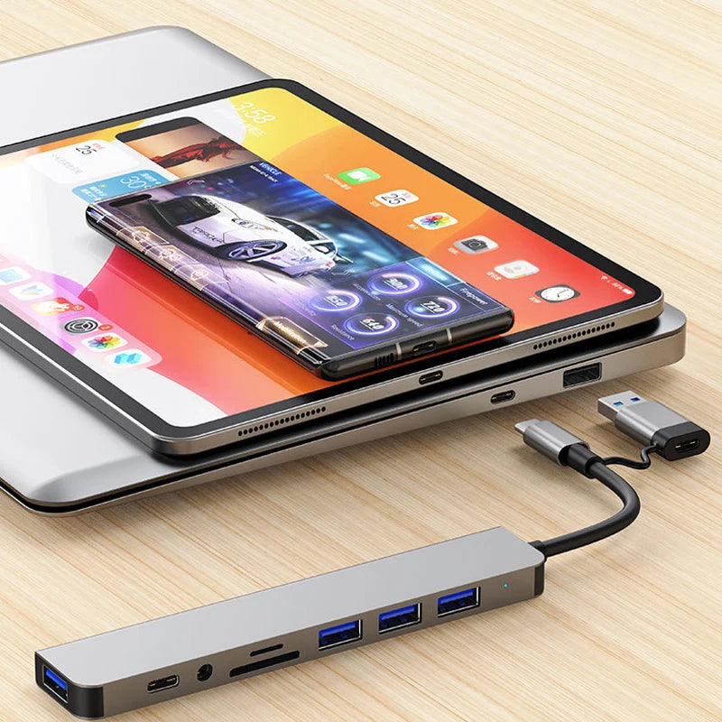8-in-1 USB & USB-C Docking Hub with Audio Jack and Card Reader