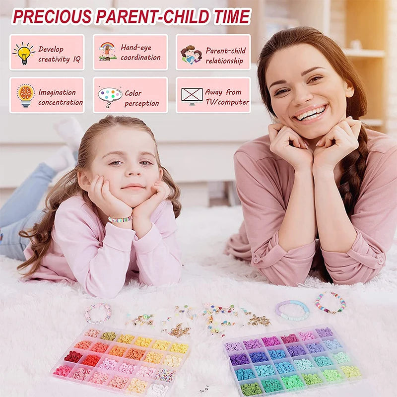 A child and a woman smiling while engaging in parent-child time, with rainbow polymer clay bead kits displayed on the table.